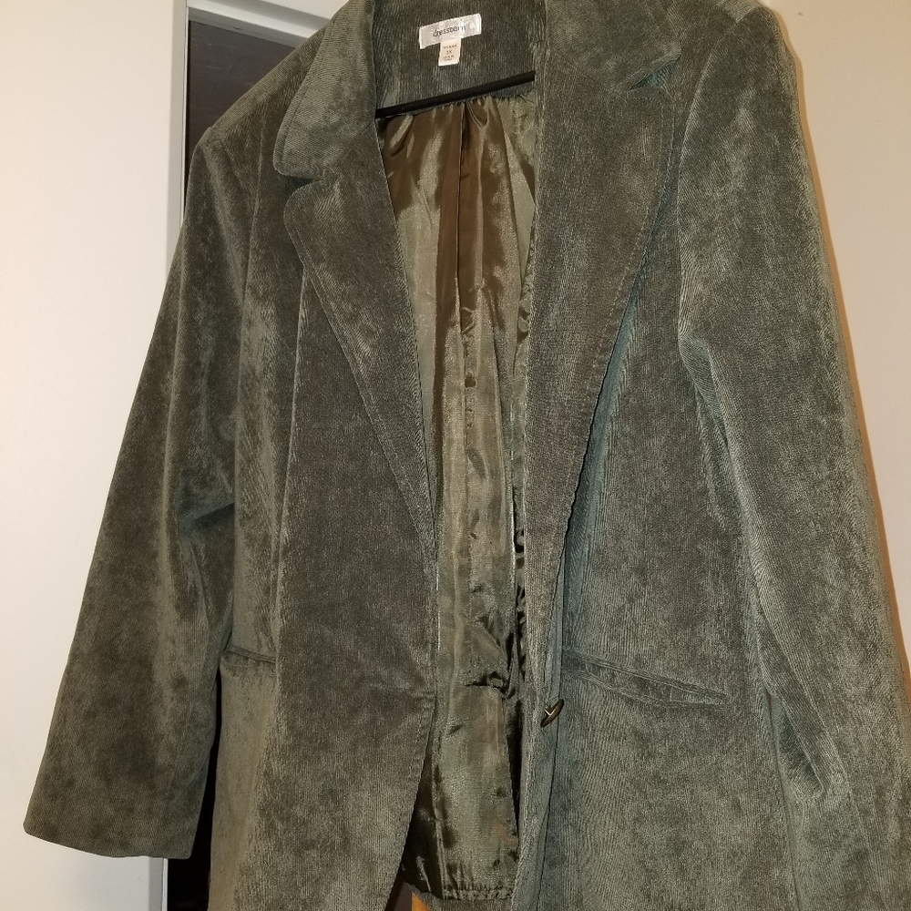 Olive green cordaroy style dress coat.